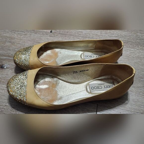 Jimmy Choo Whirl Ballet Flats Tan Beige  Glitter Cap Toe Patent Leather Sz 35.5 - Picture 10 of 11